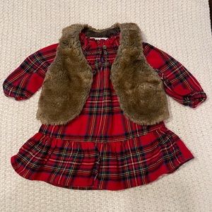 Red plaid dress w/ faux fur vest